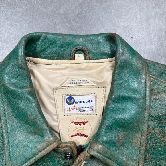 Vintage 1980s Avirex USA‎ Mohawks Leather Jacket Mens L  Green Preowned Faded - Picture 10 of 15